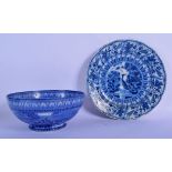 AN 18TH CENTURY DUTCH DELFT BLUE AND WHITE DISH together with an unusual flow blue bowl. Largest 25