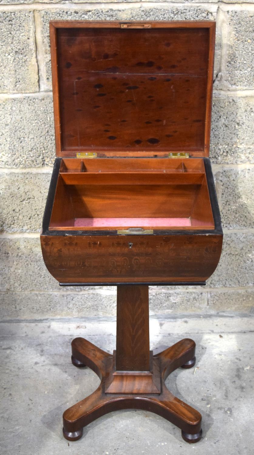 AN EARLY VICTORIAN SEWING BOX ON STAND with marquetry border, along with a small side table with a s - Image 3 of 4