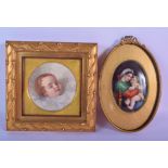 A LATE 19TH CENTURY EUROPEAN PAINTED PORCELAIN PLAQUE together with an antique ivory miniature by A