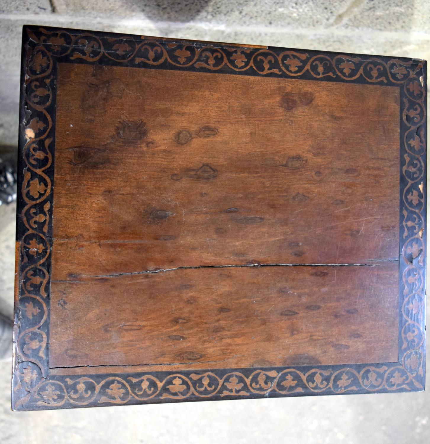 AN EARLY VICTORIAN SEWING BOX ON STAND with marquetry border, along with a small side table with a s - Image 4 of 4