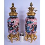 A LARGE PAIR OF 19TH CENTURY JAPANESE MEIJI PERIOD CLOISONNE ENAMEL VASES converted to oil lamps, de