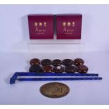 A VINTAGE CONTINENTAL CARVED LAPIS LAZULI WALKING CANE together with a dog plaque etc. (qty)