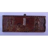 A RARE 17TH EUROPEAN CARVED FRUITWOOD RECTANGULAR TREEN PLAQUE carved with two nude females within a