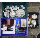 TWO CRATES OF PORCELAIN AND CERAMICS together with another containing a doll, faux cigars etc. (qty)