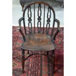 AN 18TH CENTURY DRAUGHT-BACK OAK COUNTRY CHAIR beautifully decorated with three draught counters car