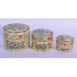 THREE LATE 19TH CENTURY CHINESE CANTON FAMILLE ROSE BOXES AND COVERS Late Qing. Largest 9 cm x 7.5 c