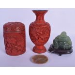 AN EARLY 20TH CENTURY CHINESE CARVED JADE BUDDHA together with a cinnabar lacquer etc. Largest 19 cm