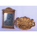 A CHARMING ANTIQUE GILTWOOD ACANTHUS SHELL HANGING STAND decorated with foliage, together with a mir