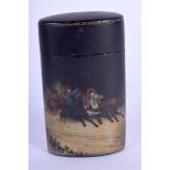 A 19TH CENTURY RUSSIAN BLACK LACQUER TROIKA BOX AND COVER painted with figures. 9.5 cm x 5.5 cm.