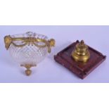 AN ANTIQUE GRAND TOUR MARBLE AND BRONZE INKWELL together with a bronze mounted glass hanging lantern