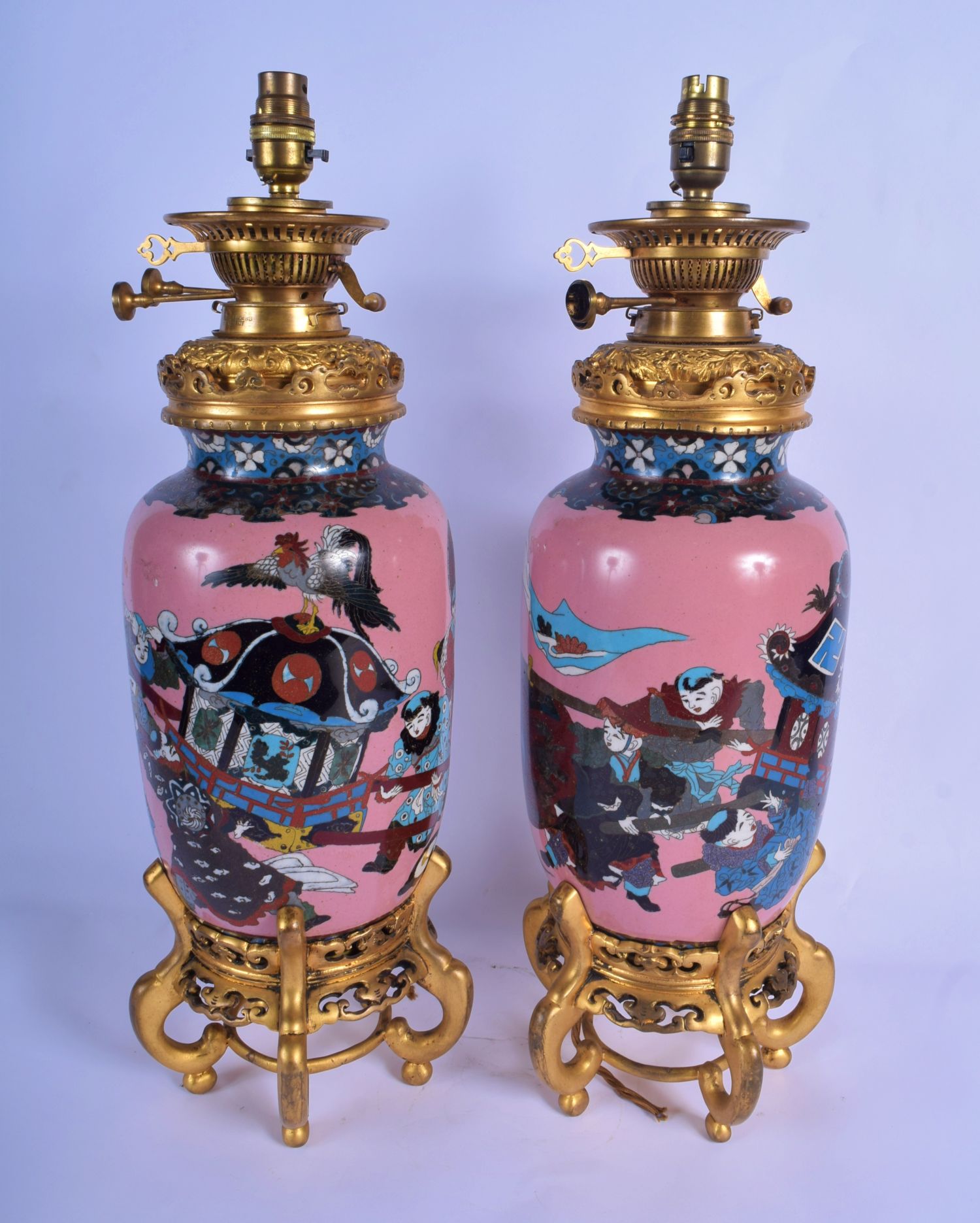A LARGE PAIR OF 19TH CENTURY JAPANESE MEIJI PERIOD CLOISONNE ENAMEL VASES converted to oil lamps, de - Image 2 of 3
