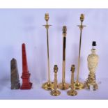 SIX VINTAGE COUNTRY HOUSE LAMPS together with three obelisks. Largest 60 cm high. (9)
