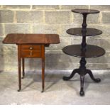 A VICTORIAN MAHOGANY THREE TIERED DUMB WAITER, along with a small Victorian drop leaf table with two