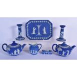A COLLECTION OF WEDGWOOD BLUE AND WHITE JASPERWARE including a tray etc. Largest 27 cm x 18 cm. (7)