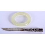 A CHINESE CHILDS JADE BANGLE together with an Islamic silver knife. 32 grams. (2)