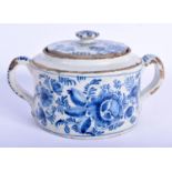 A RARE 18TH CENTURY ENGLISH DELFT BLUE AND WHITE POSSET POT AND COVER possibly Bristol, painted all