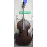 AN ANTIQUE GERMAN SINGLE PIECE BACK DOUBLE BASS with scrolling terminal. 180 cm x 60 cm.