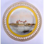 A 19TH CENTURY MEISSEN RETICULATED PORCELAIN LANDSCAPE PLATE painted with view of Castle Moritzburg