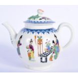 AN 18TH CENTURY WORCESTER BLUE AND WHITE TEAPOT AND COVER printed and painted with Chinese figures.
