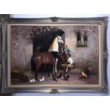 Ken Houston (20th Century) Oil on canvas, Figures with the horses. Image 90 cm x 50 cm.