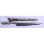 A EUROPEAN WHITE METAL MOUNTED HUNTING KNIFE. 36 cm long.