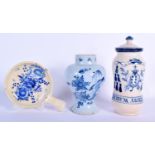 AN 18TH CENTURY DUTCH TIN GLAZED DELFT VASE together with an albarello jar and a Toledo serving dish