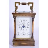 A FRENCH REPEATING BRASS L'EPEE REPEATING CARRIAGE CLOCK with moon aperture and three subsidiary dia