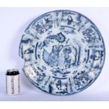 A RARE 17TH/18TH CENTURY DUTCH DELFT BLUE AND WHITE TIN GLAZED DISH painted with figures within a la