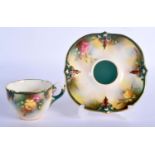 Hadley's Worcester shaped cup and saucer with coloured clay moulding painted with roses c. 1890's ma