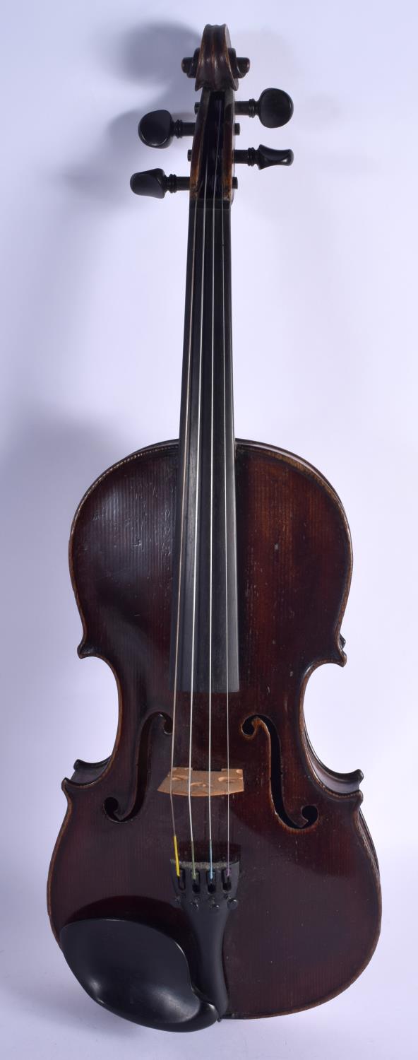 AN ANTIQUE GERMAN TWO PIECE BACK VIOLIN with scrolling terminal. 58 cm long. - Image 2 of 10