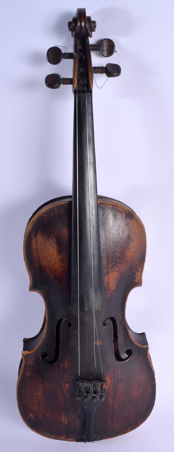 AN ANTIQUE GERMAN TWO PIECE BACK VIOLIN with scrolling terminal. 58 cm long. Provenance: Notes on Th - Image 2 of 16