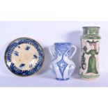 A CONTINENTAL ALBARELLO FAIENCE POTTERY JAR together with a bird jug and a flow blue rim bowl. Large