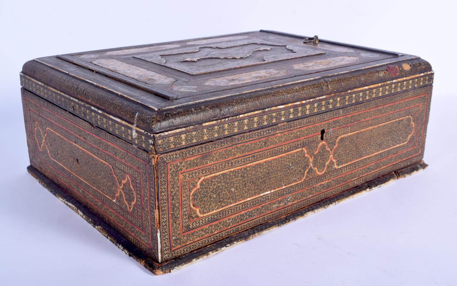 A RARE LARGE 18TH/19TH CENTURY MIDDLE EASTERN ISLAMIC MICRO MOSAIC BOX painted with Kufic script, fo