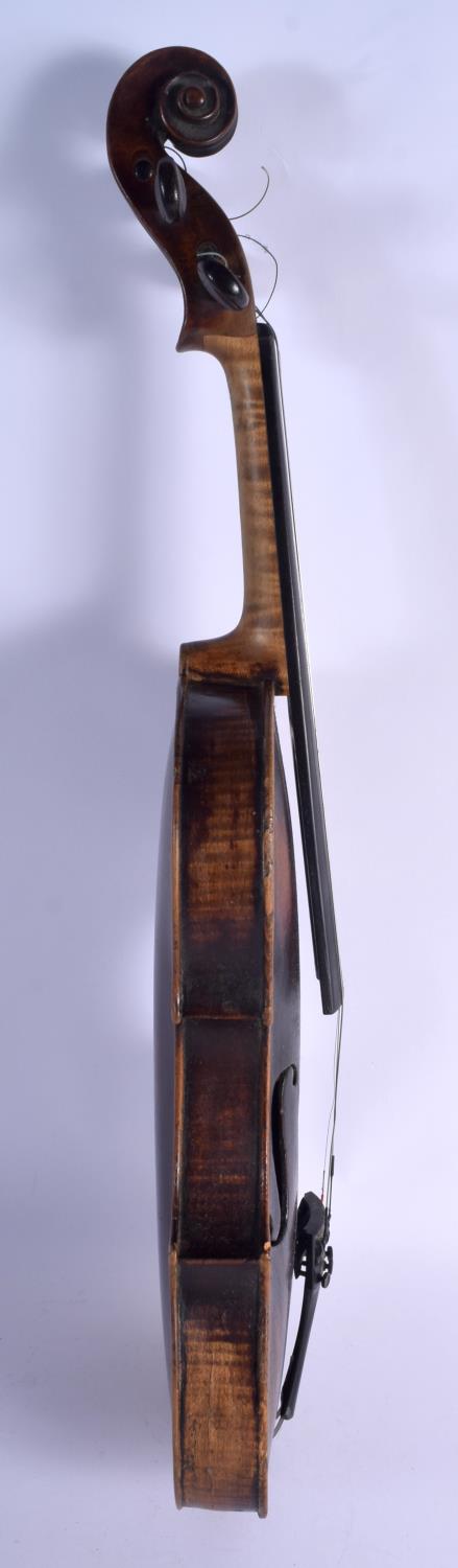AN ANTIQUE GERMAN TWO PIECE BACK VIOLIN with scrolling terminal. 58 cm long. Provenance: Notes on Th - Image 3 of 16