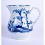 AN 18TH CENTURY WORCESTER BLUE AND WHITE SPARROW BEAK JUG painted with landscapes. 8 cm high.