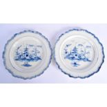 A PAIR OF 18TH CENTURY LIVERPOOL BLUE AND WHITE PEARLWARE PLATES painted with Chinese scenes. 24 cm
