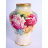 Royal Worcester vase painted with roses by M. Hunt, signed, black mark. 10cm High