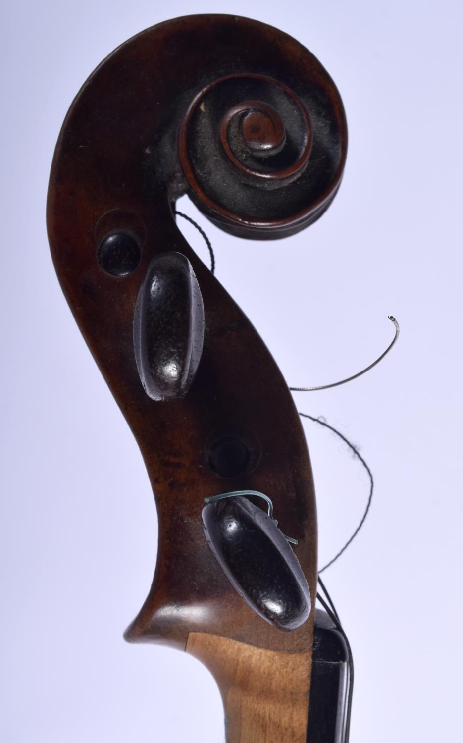 AN ANTIQUE GERMAN TWO PIECE BACK VIOLIN with scrolling terminal. 58 cm long. Provenance: Notes on Th - Image 7 of 16