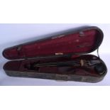 AN ANTIQUE GERMAN TWO PIECE BACK VIOLIN with scrolling terminal. 58 cm long.