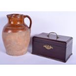 A GEORGE III MAHOGANY TRIPLE DIVISION TEA CADDY together with a studio pottery treacle overlaid vase