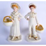 Royal Worcester Hadley style figure of a boy and girl with a basket in white and gold, shape 893, da