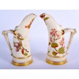 Royal Worcester pair elephant tusk jugs painted and gilt with flowers shape 1116 puce mark pre 1891.