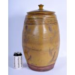 A LARGE VINTAGE STUDIO POTTERY STONEWARE VASE AND COVER with scrafito decoration. 47 cm x 20 cm.