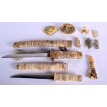 A COLLECTION OF ANTIQUE BONE, JADE AND IVORY ITEMS including 2 Tantos, 2 Jade carvings, 3 Netsuke an