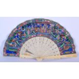 A MID 19TH CENTURY CHINESE CANTON IVORY FAN painted with portraits of figures in landscapes. 52 cm w