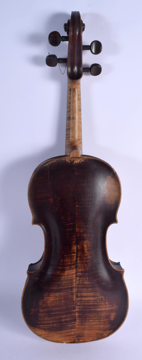 AN ANTIQUE GERMAN TWO PIECE BACK VIOLIN with scrolling terminal. 58 cm long. Provenance: Notes on Th - Image 5 of 16