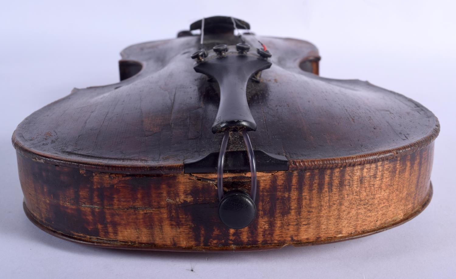 AN ANTIQUE GERMAN TWO PIECE BACK VIOLIN with scrolling terminal. 58 cm long. Provenance: Notes on Th - Image 9 of 16