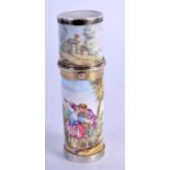 AN ANTIQUE FRENCH SILVER AND ENAMEL PERFUME BOTTLE. 7.6cn long, 2.6cm diameter