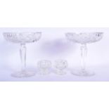 A PAIR OF ANTIQUE CUT GLASS PEDESTAL TAZZAS together with a pair of Val St Lambert salts. Largest 21