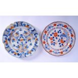 AN 18TH CENTURY DELFT POLYCHROMED FLOWER PLATE together with a Late 18th/19th Century English imari